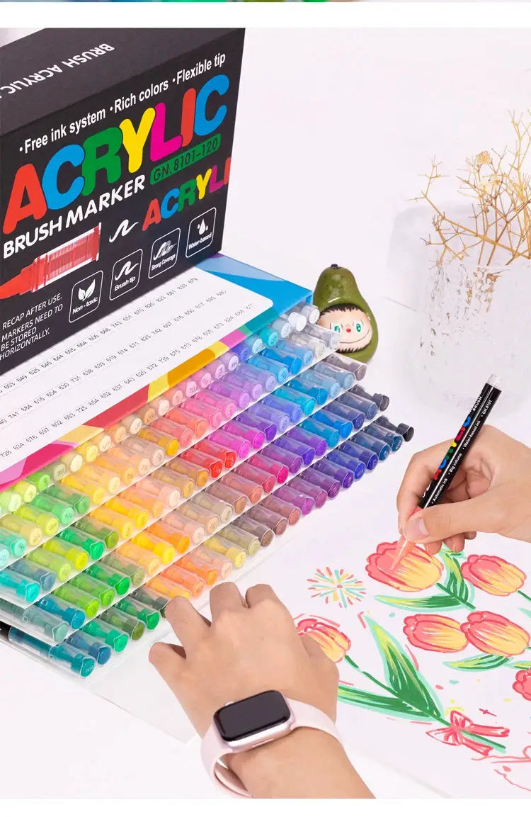 Acrylic marker pen set by Simples Market, 12–120 colors, waterproof with soft brush nib, rainbow trays