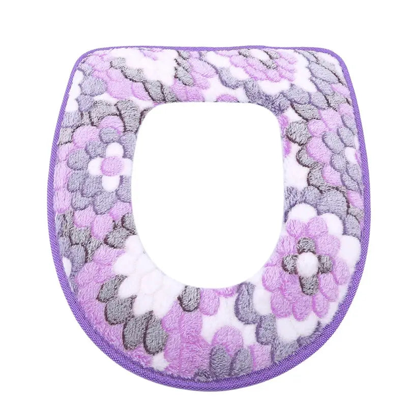 Plush toilet seat cover with purple floral pattern and purple edge, waterproof and washable, universal fit