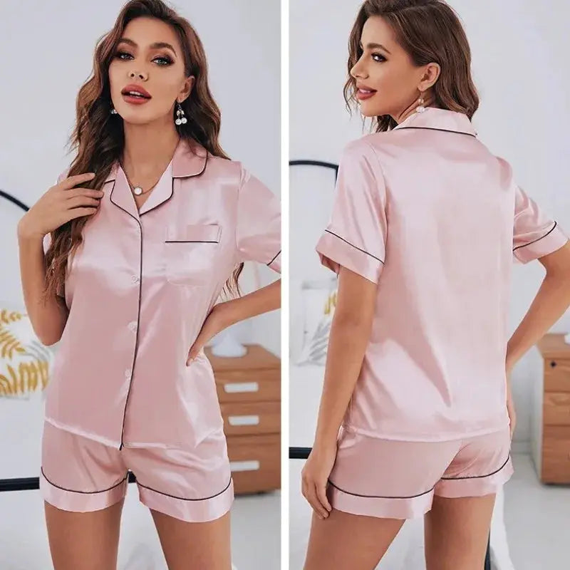 SilkEase Silk Satin Pajama Set For Women Button Down Short Sleeve Top And Shorts Breathable Satin For Cool Comfort
