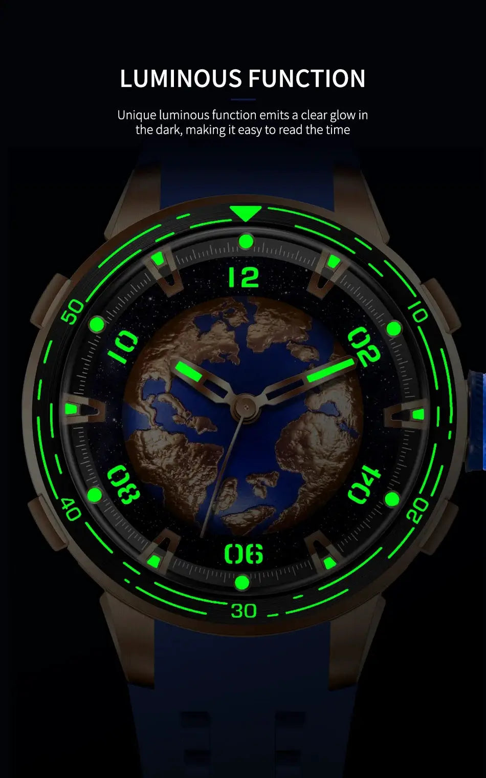 PINDU Planet Series mechanical watch by Simples Market with luminous green glow, world map dial, silicone blue strap