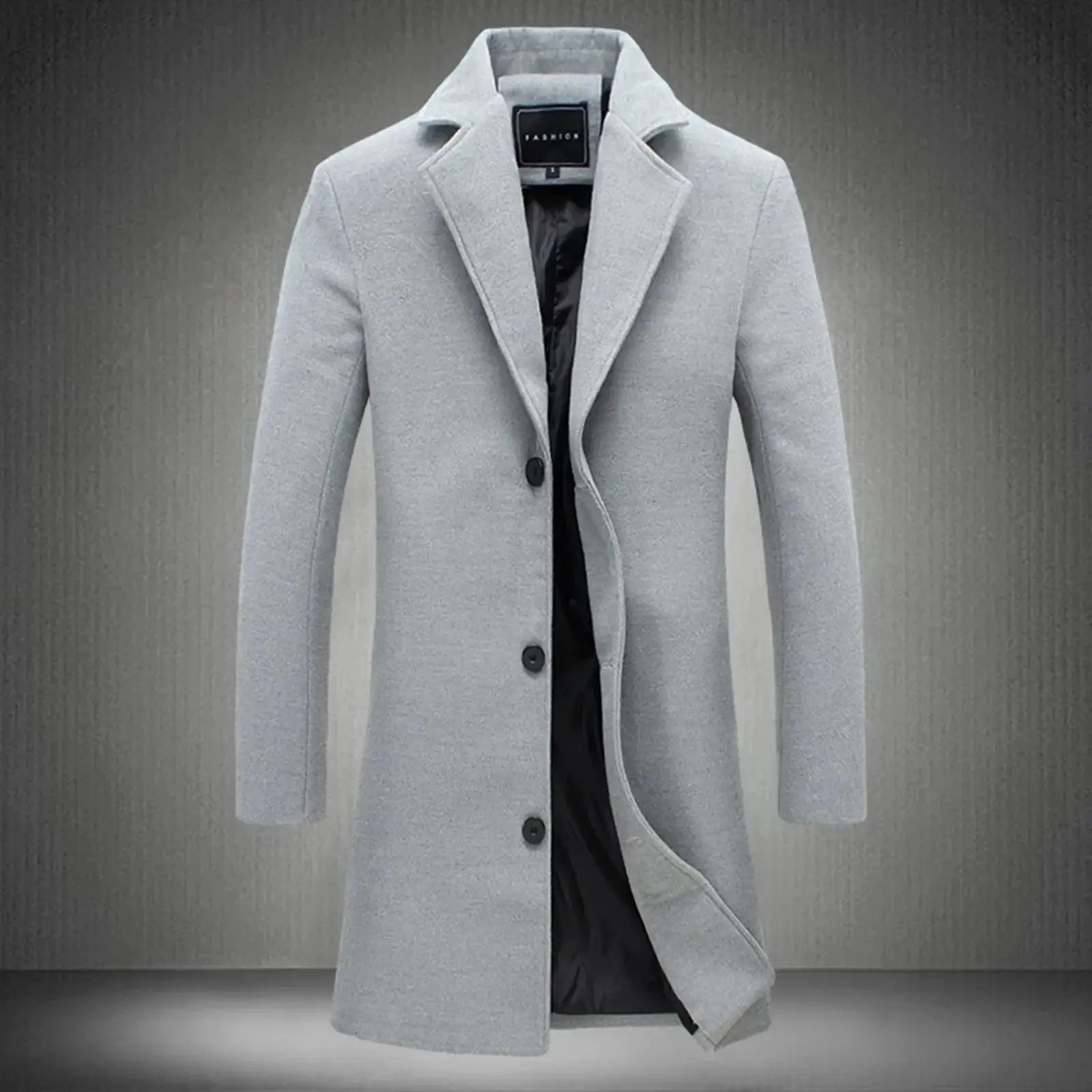 Men's light gray wool-blend trench coat with notch lapels and open front.