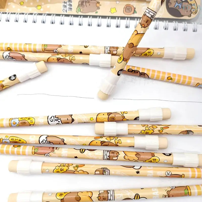 12pcs capybara HB pencils set with white erasers and cute cartoon designs