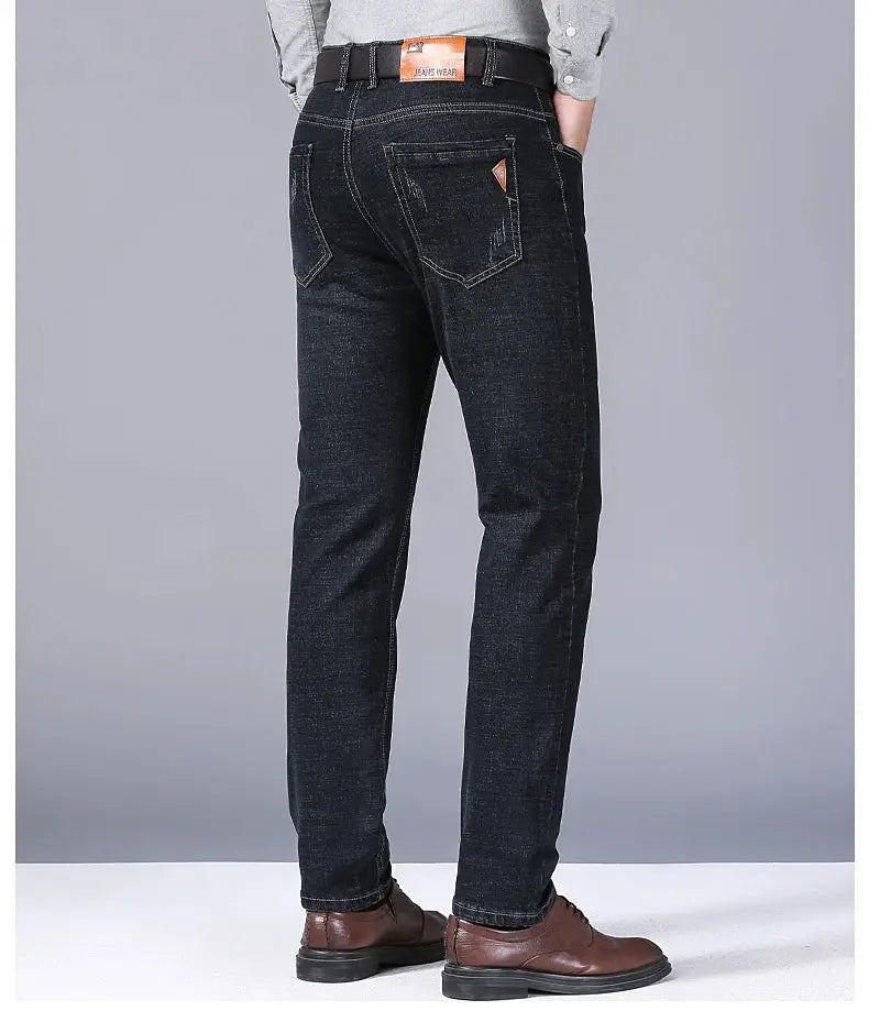 Men's straight denim jeans, dark wash with stretch fabric, contrast stitching and back pockets