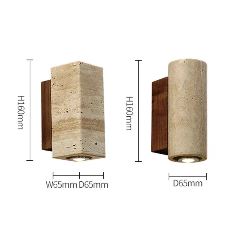 Wabi Sabi yellow marble wall lamp set by Simples Market; two travertine sconces, rectangular and cylindrical.