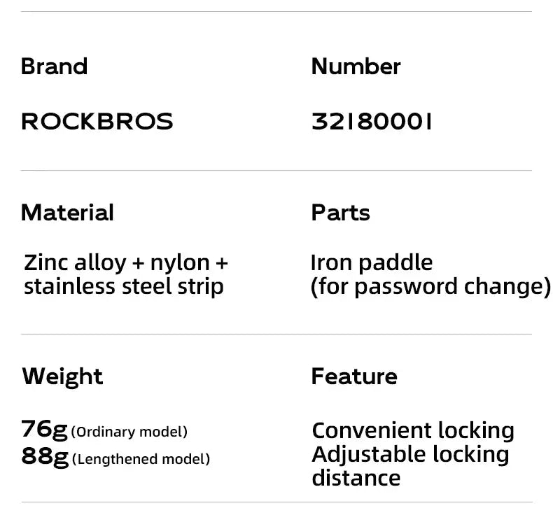 ROCKBROS portable bicycle lock with zinc alloy, nylon and stainless steel parts; adjustable locking distance