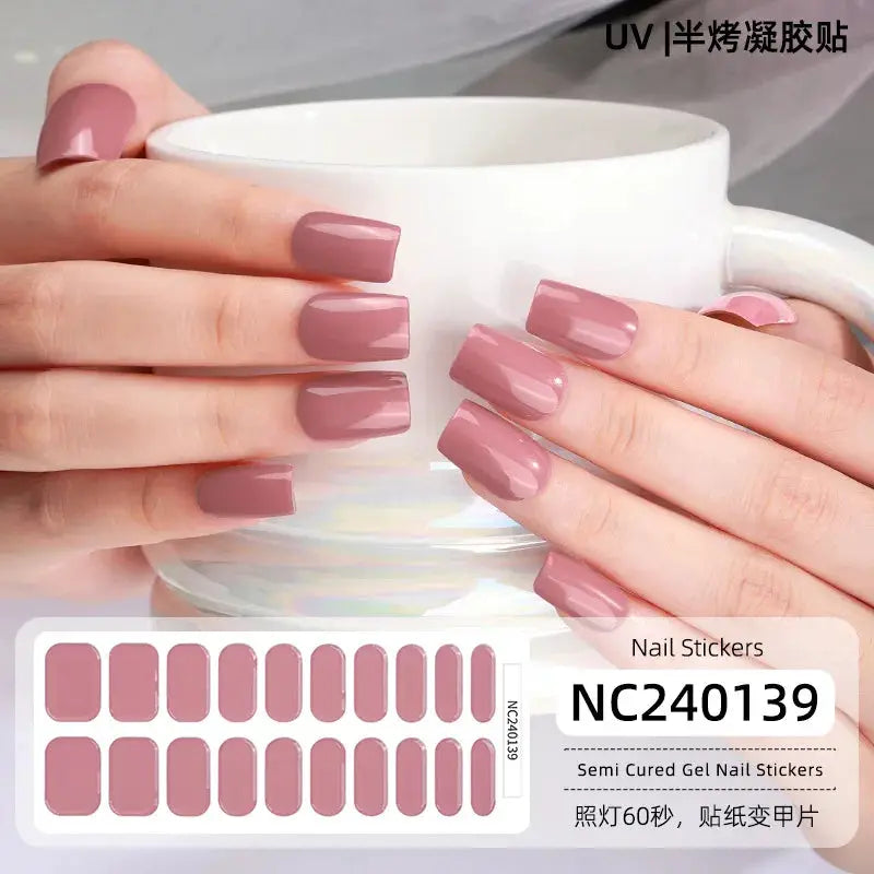 Gel nail sticker set with pink mauve full-cover wraps for UV lamp; semi-cured gel nail stickers NC240139