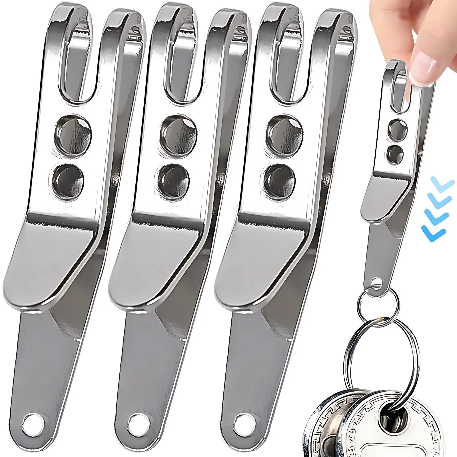 Simples Market EDC pocket suspension clips with key carabiner; four chrome metal clips and a keyring for camping gear