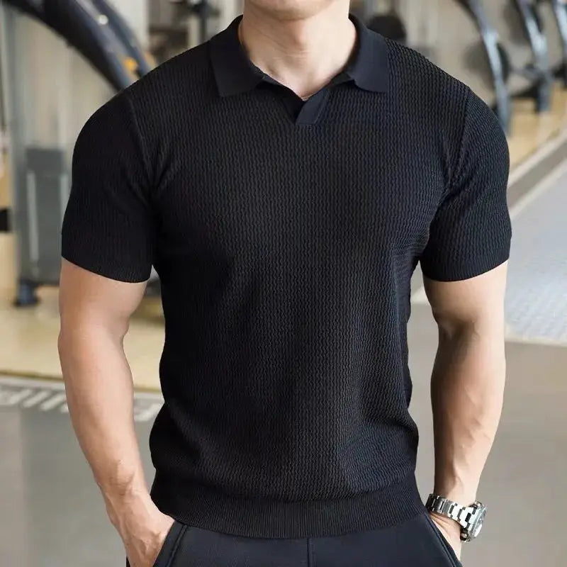Men's knitted polo shirt, black textured knit, slim-fit, short sleeves