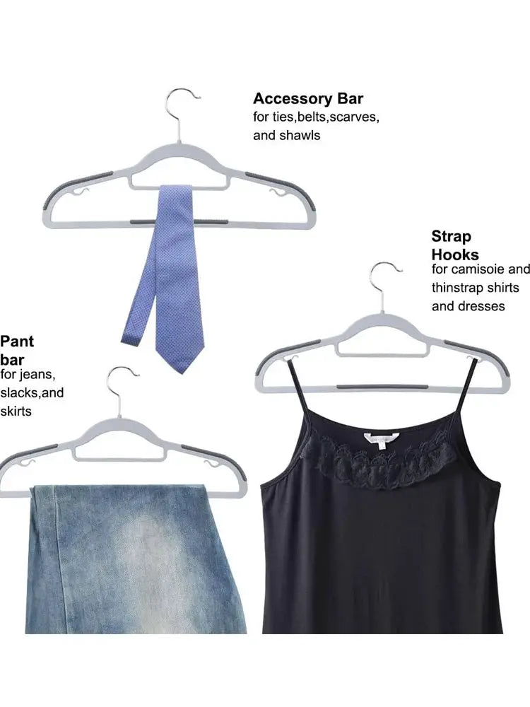 Gray plastic shoulder corner clothing hangers set with anti-slip, scratch-resistant finish; 3 hangers shown