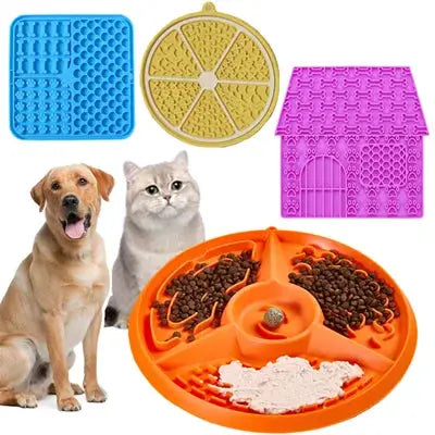 Simples Market 4-piece pet slow-feeder set: orange round bowl, blue and pink non-slip mats, yellow segmented dish