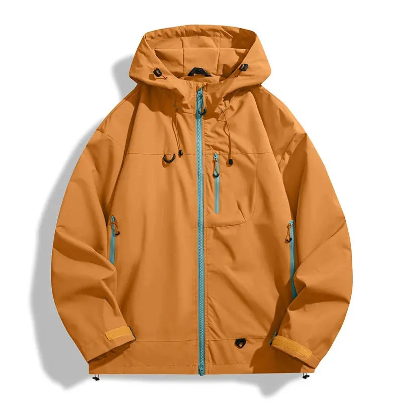JNLN unisex waterproof windbreaker jacket in orange with turquoise zippers and hood