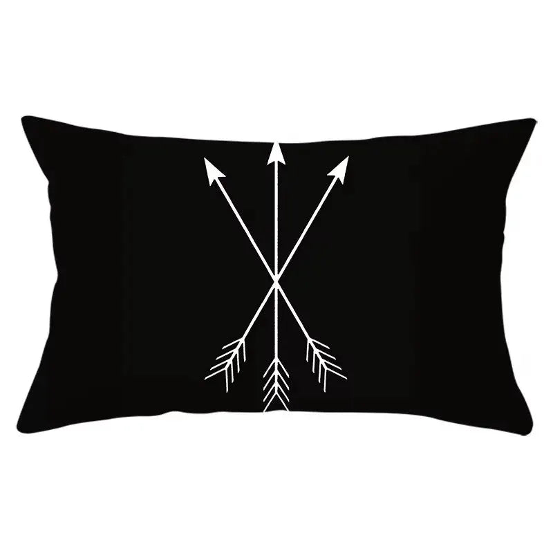 Rectangular black polyester pillowcase with white geometric arrows pattern