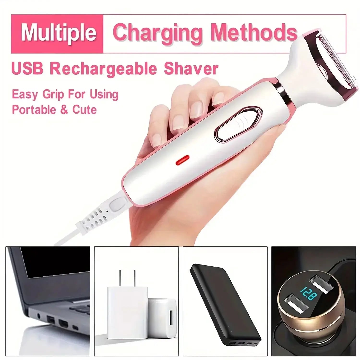 HOMEFISH 4-in-1 electric lady shaver, pink and white cordless USB rechargeable body hair remover