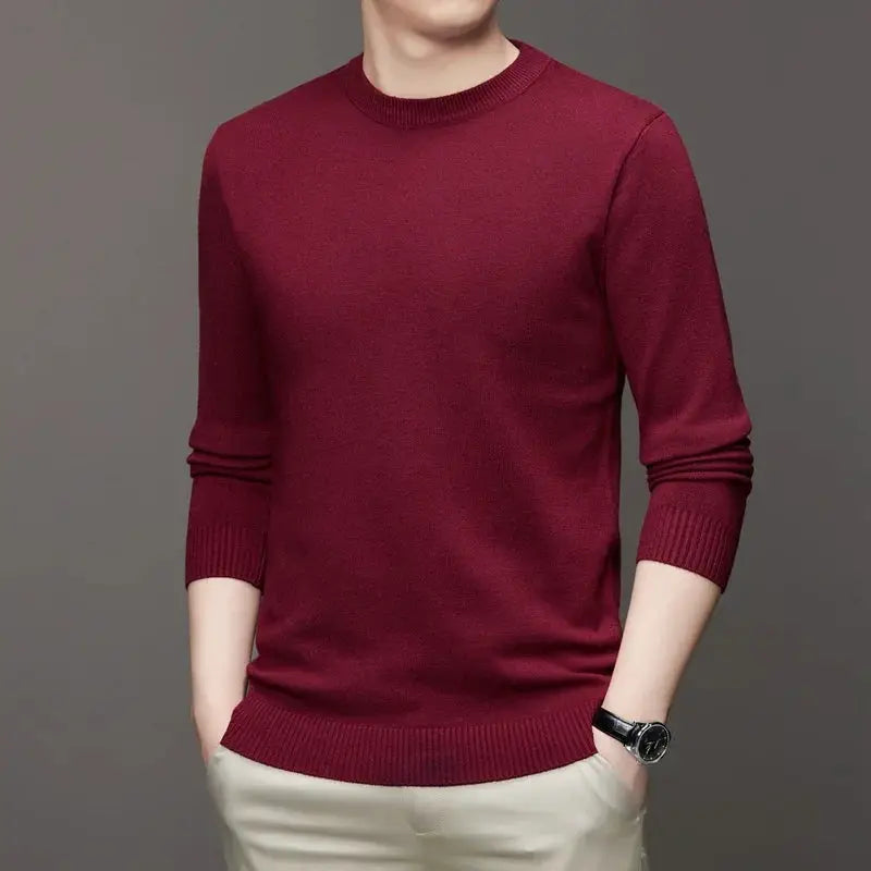 Men's burgundy crewneck knit pullover sweater by Simples Market; long sleeves, solid color