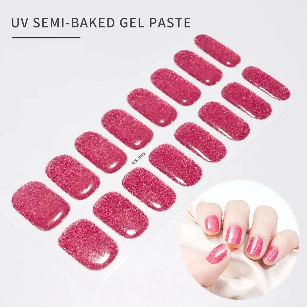 Pink glitter UV gel nail sticker sheet with 16 full-cover decals; shows a pink glitter manicure.