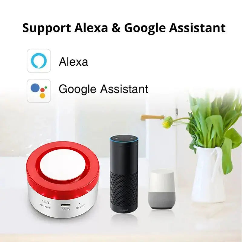 Tuya Smart WIFI Security Alarm Kit: red circular siren, black smart speaker, gray Google Home Mini