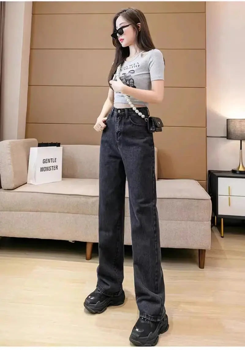 New Design Sense Womens Loose Denim Pants Retro Straight Leg Jeans