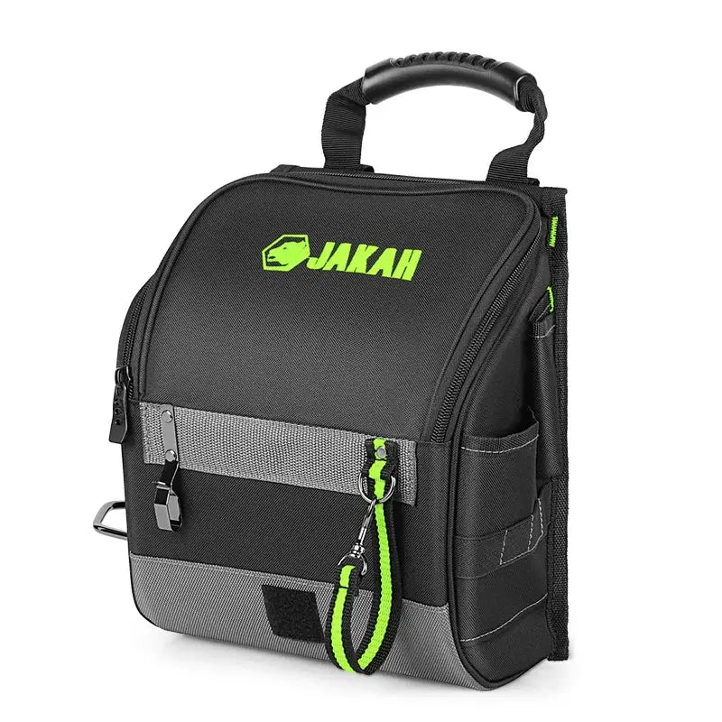 JAKAH electricians tool pouch by Simples Market, black with green accents, multi-pocket with padded shoulder strap