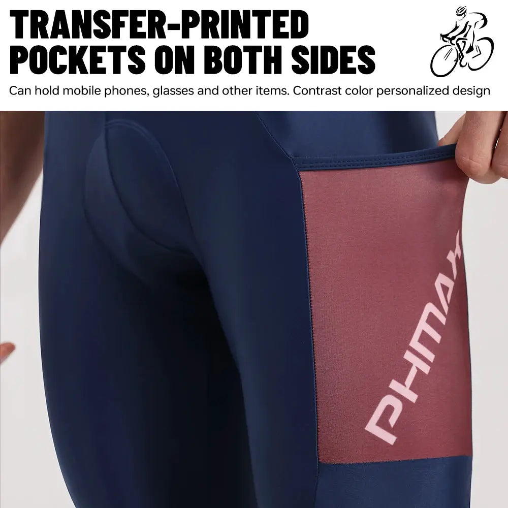 PHMAX men's cycling bib shorts, navy with maroon side panel and PHMAX logo