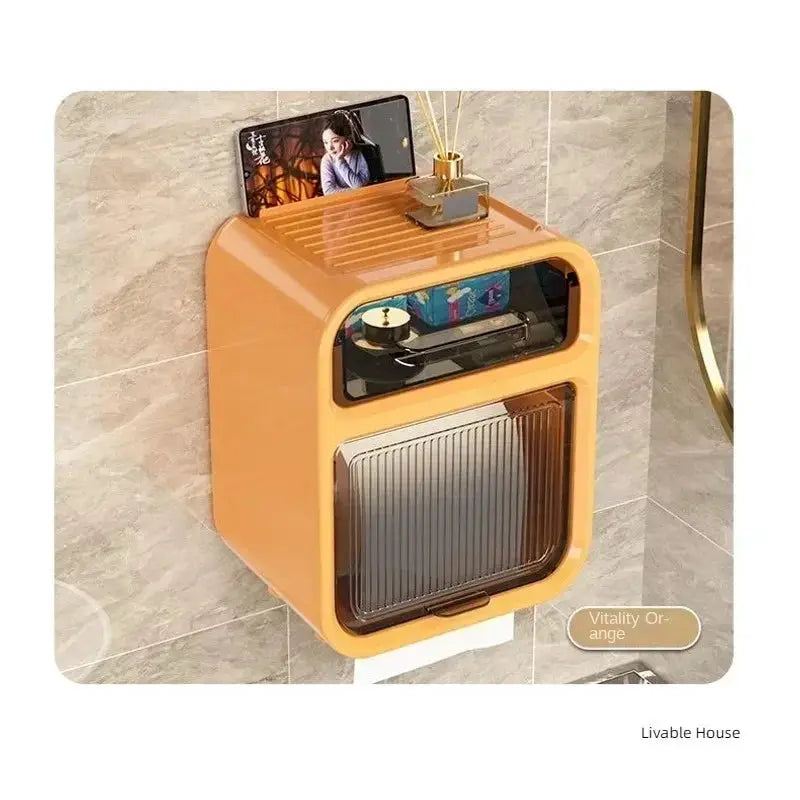BrightNest Wall Mounted Toilet Tissue Box With Paper Drawer And Double Layer Storage Rack Space Saving Bath Organizer