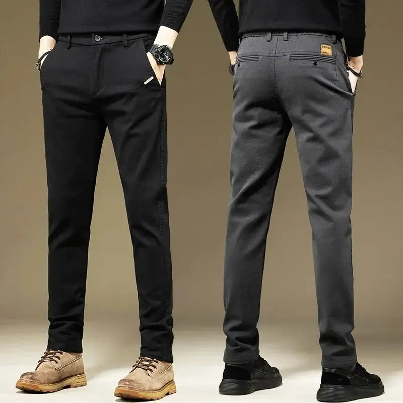 Two pairs of KUBRO men's casual cotton pants in black and gray; straight-leg business trousers, Simples Market.