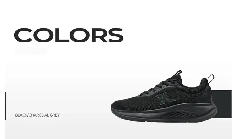 Xtep men's running shoe in black/charcoal gray with breathable mesh and soft-cushioned sole