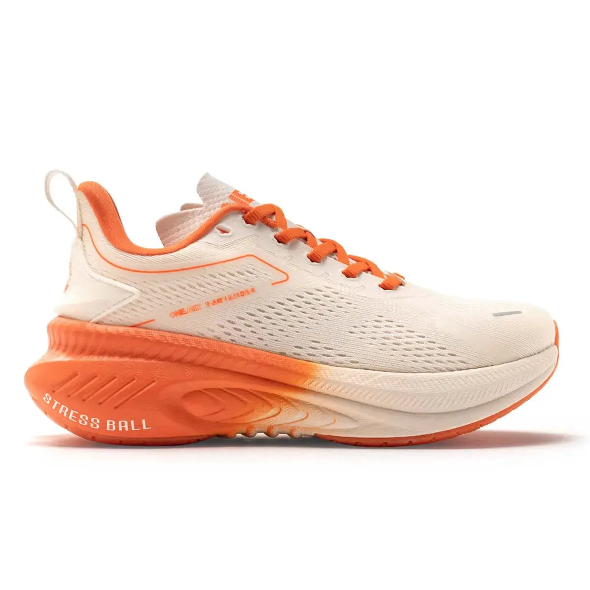 ONEMIX 2026 breathable mesh running shoe, white with orange laces and outsole