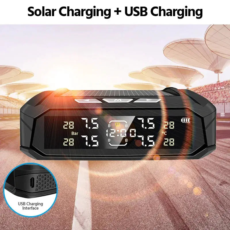 E-ACE Car TPMS smart black display unit with solar and USB charging, 8 Bar system, Simples Market