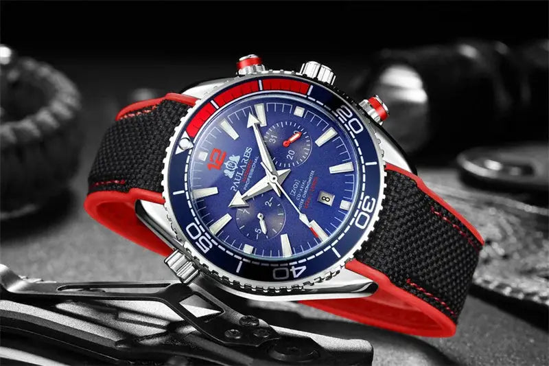 PAULAREIS P luxury men's automatic self-wind watch with blue dial, blue/red bezel, black/red rubber strap