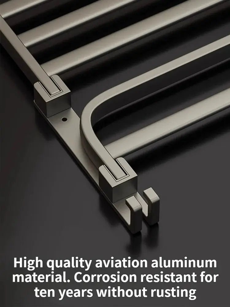 Folding aluminum towel rack holder with hooks in grey/black, 50–60 cm.