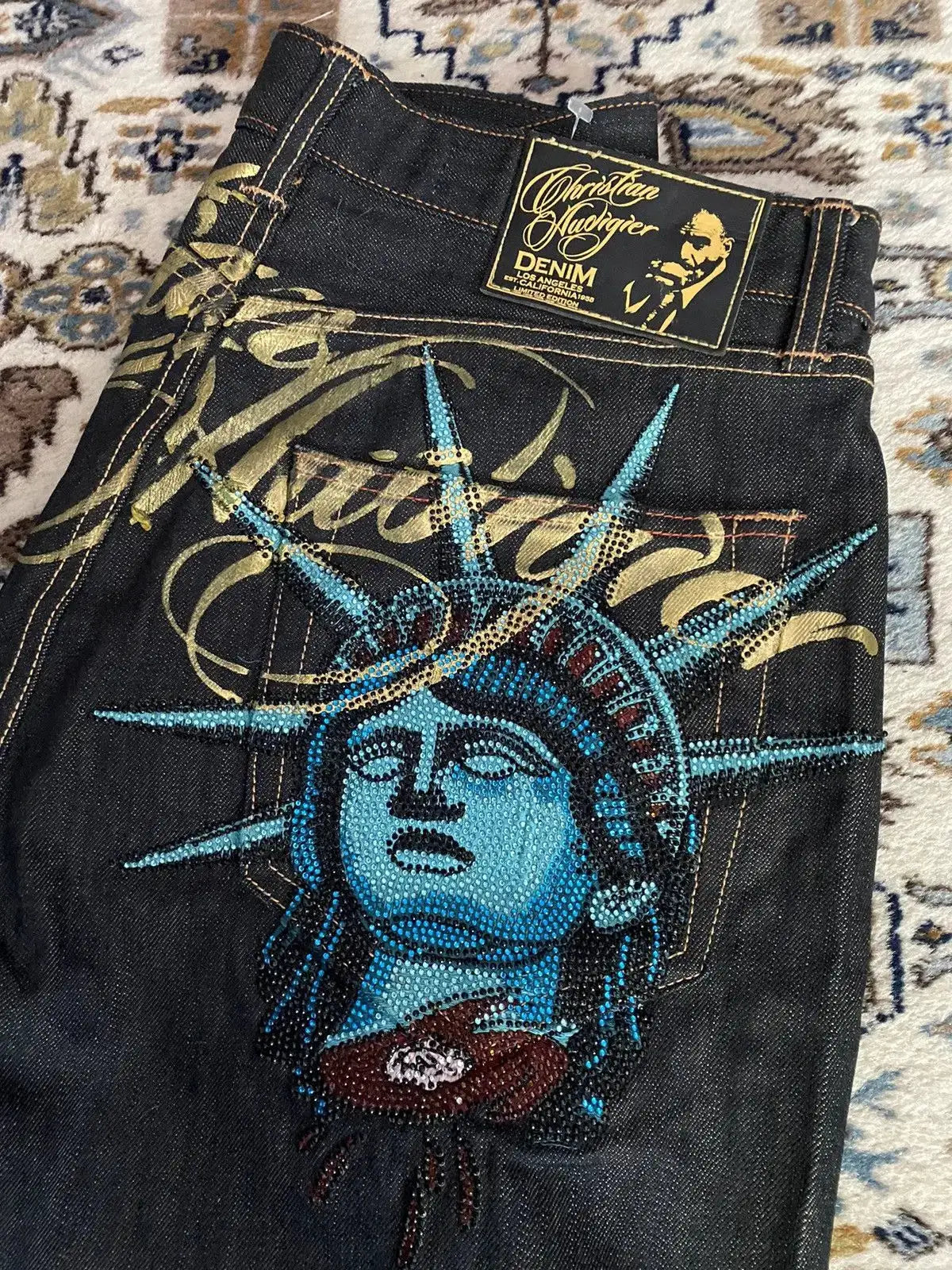 Y2K Baggy Wide Leg Jeans Embroidered Buddha Harajuku High Waist Denim