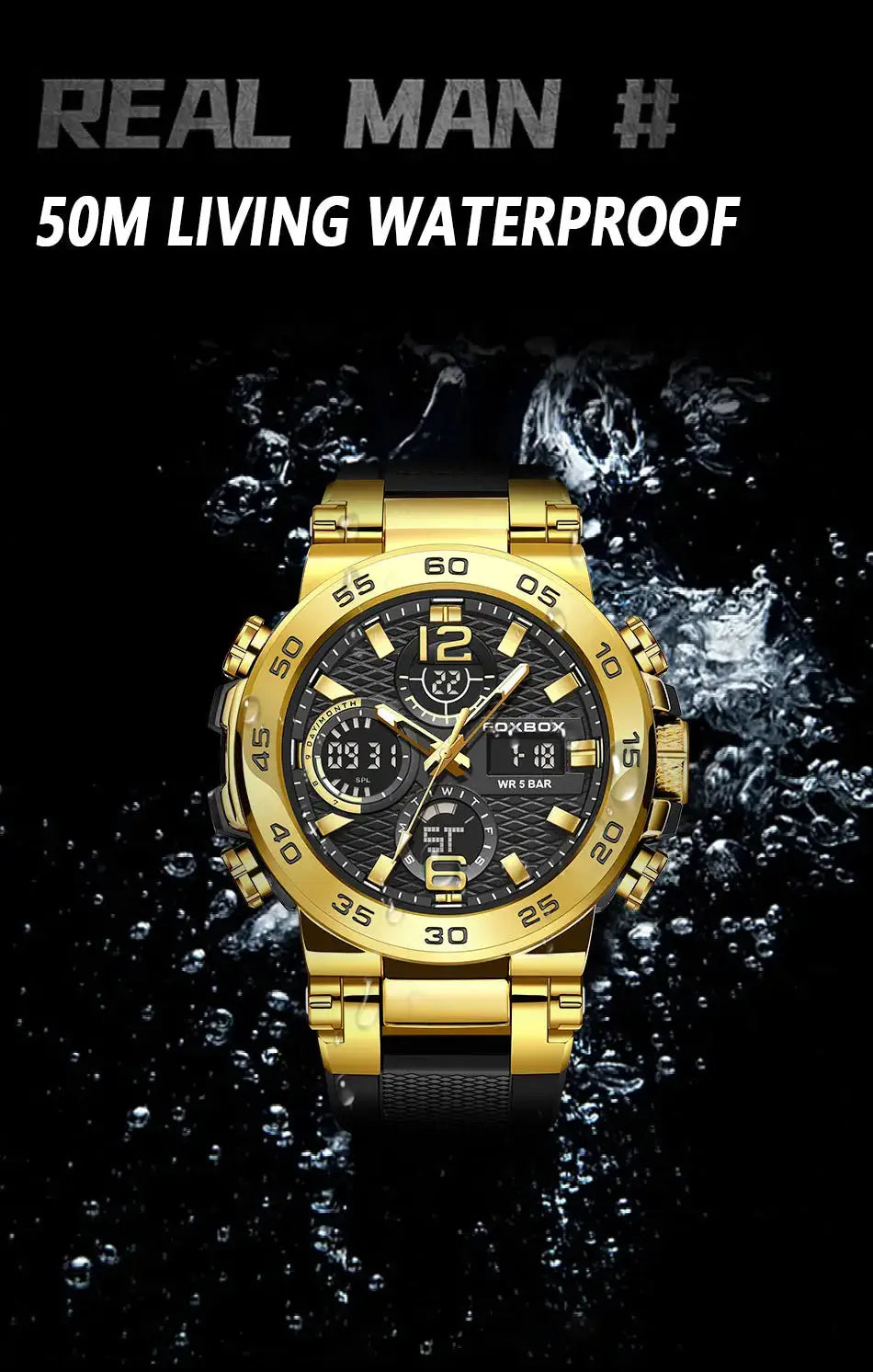 FOXBOX gold-tone men's business diver watch with black textured dial and chronograph; water resistant; includes box