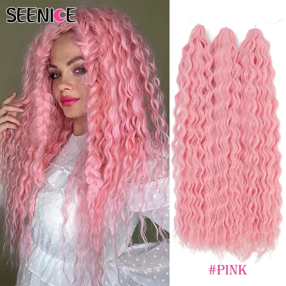 Ariel Curl pink crochet hair extensions, 22-inch, three pink synthetic deep-twist braids by Seenice