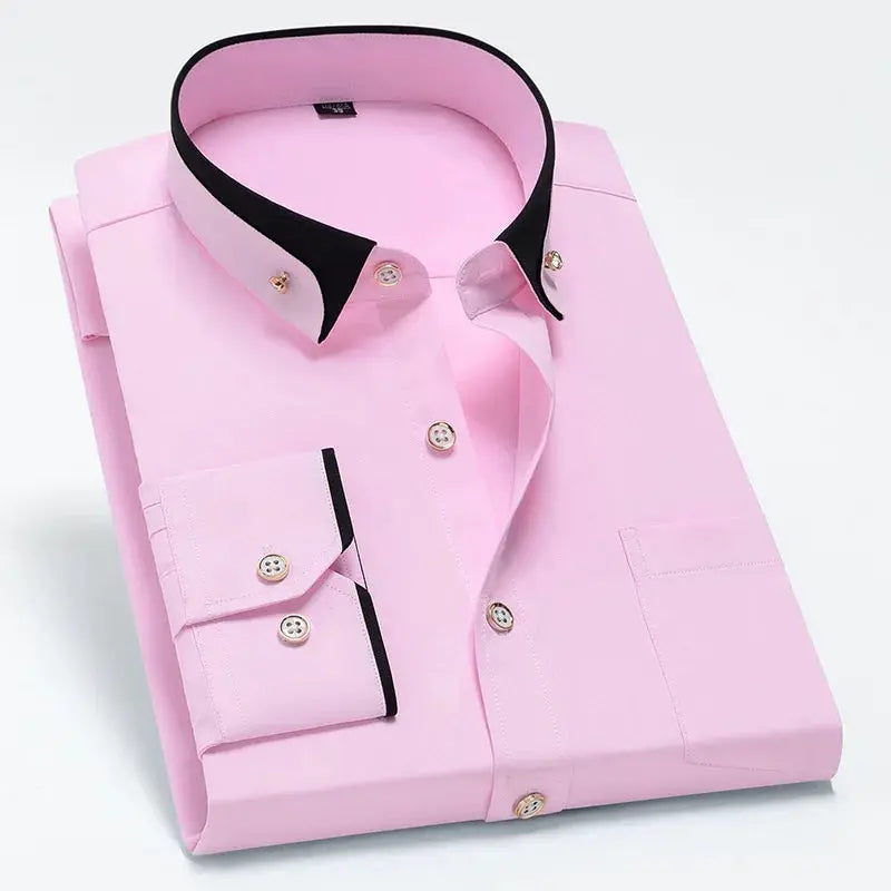 Pink men's dress shirt by Simples Market with black collar trim and pocket