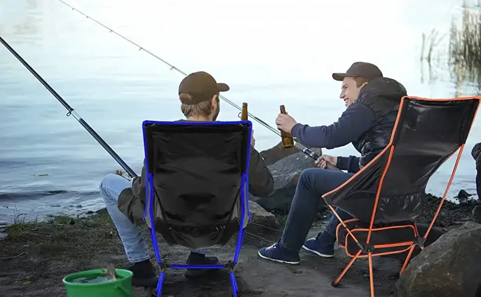 Simples Market ultralight folding chairs (2), blue and orange frames; detachable portable outdoor seating for fishing.