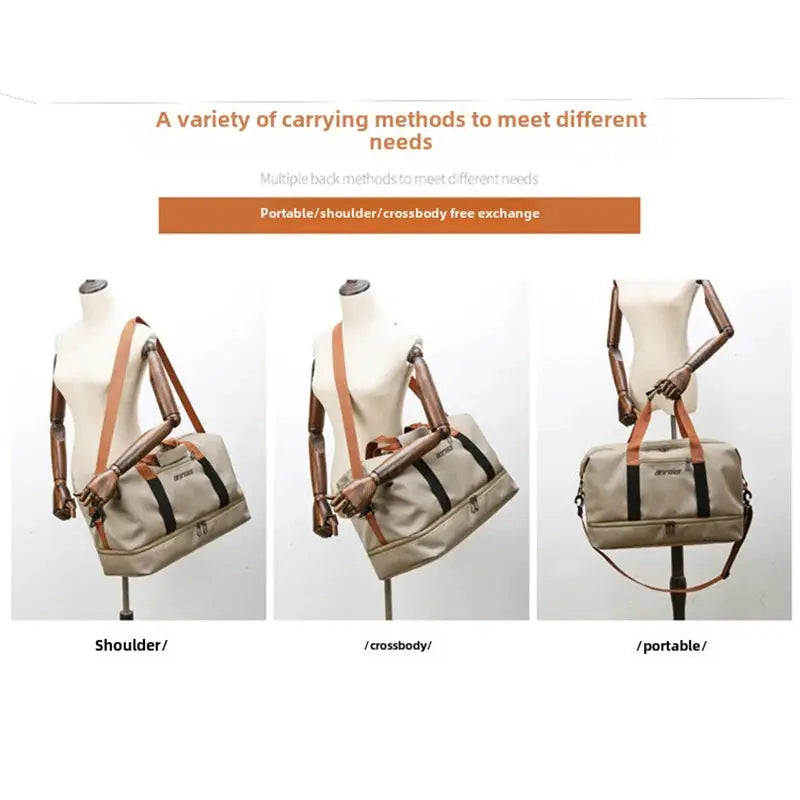 Expandable travel duffle bag for women by Simples Market, beige fitness bag with brown straps and large capacity.