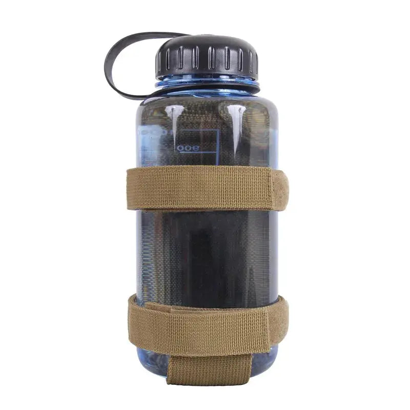 Molle water bottle pouch with tan straps securing a blue-capped bottle