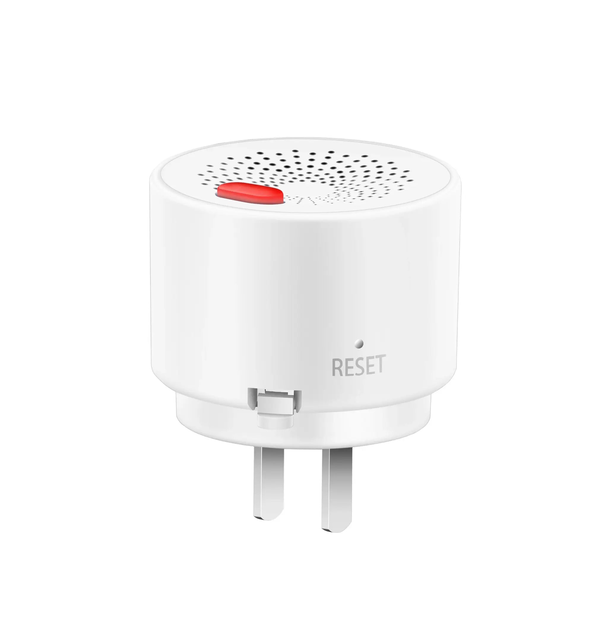 White Tuya gas leak detector with red indicator, circular vented top, wall-mount plug-in design