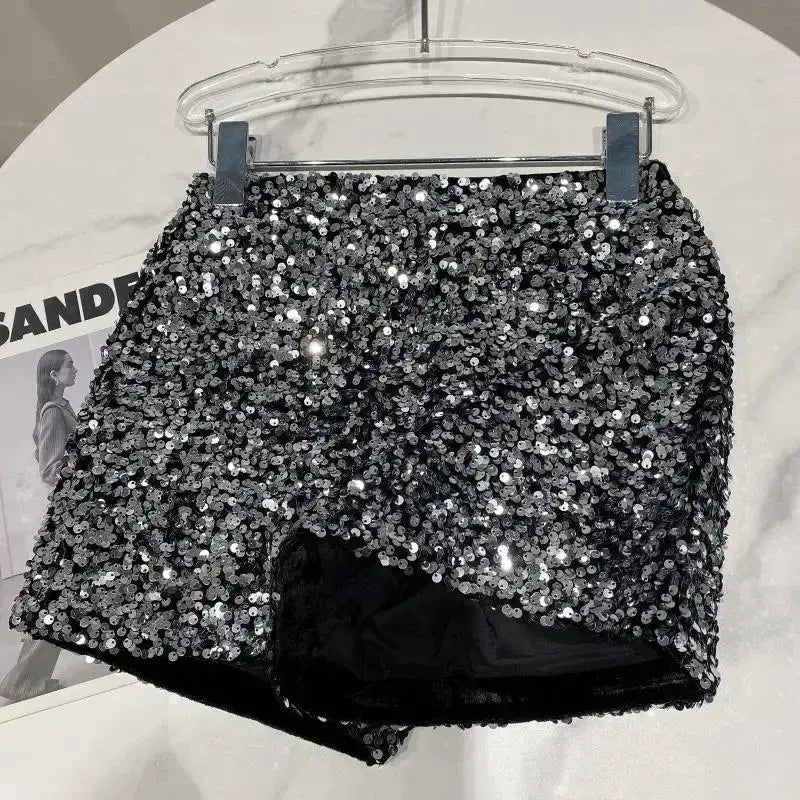 Women's black sequined shorts for clubwear, shiny hot pants