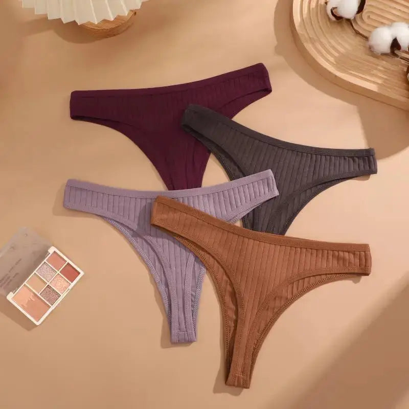 Cotton seamless thong set; low-rise panties in burgundy, charcoal, lavender, tan (4 pcs)