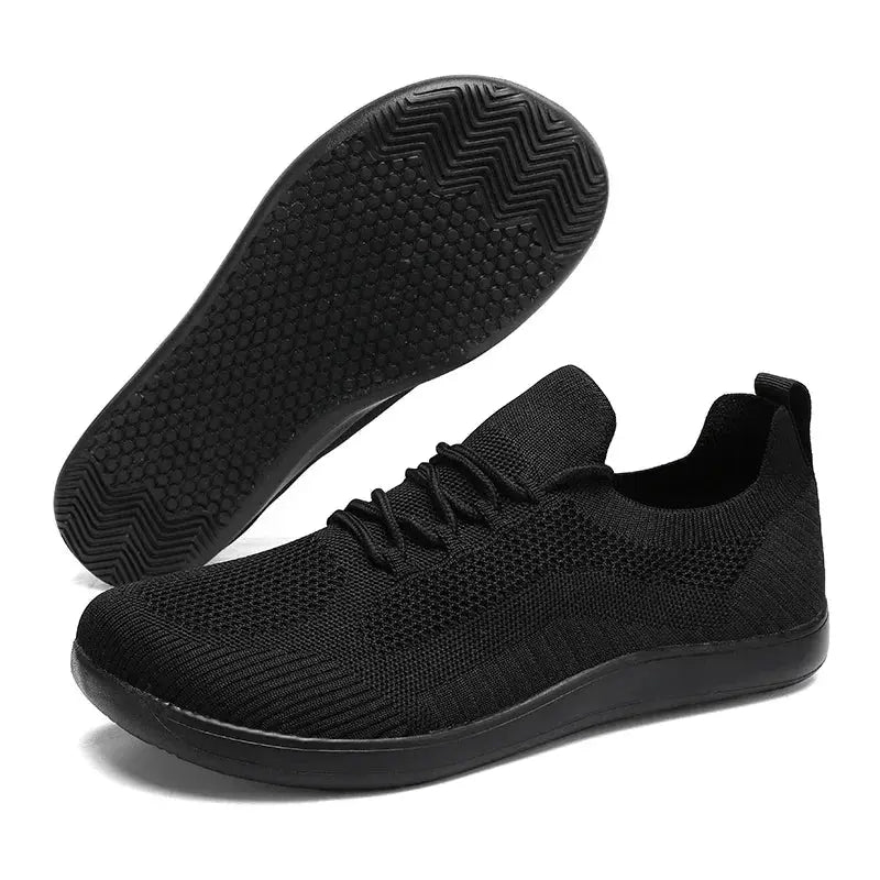 Men's wide-toe black minimalist knit running shoes with breathable upper and rubber sole