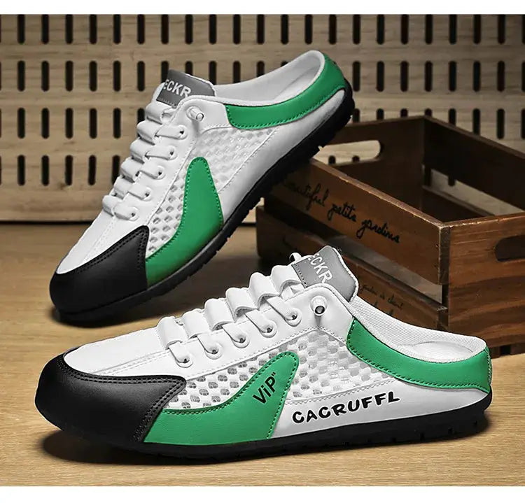 Men's casual sneakers Simples Market white with green accents and black toe cap