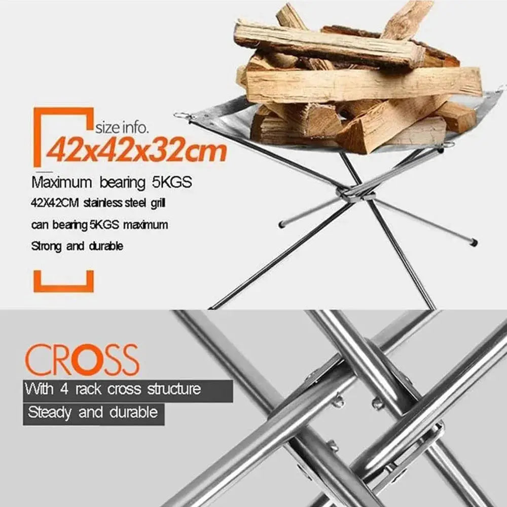 Portable stainless steel mesh fire pit grill with foldable cross-frame rack, CROSS