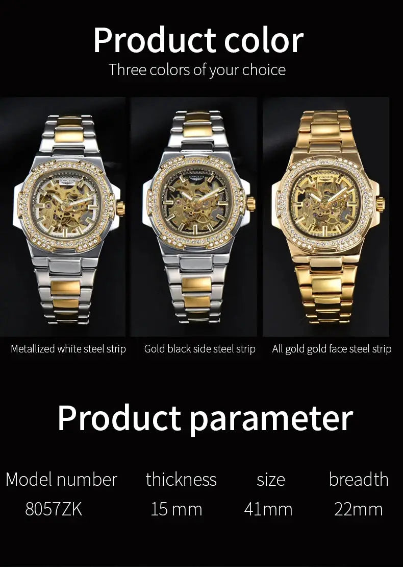 LONGLUX automatic skeleton men’s watch set of three in silver, two-tone, and all-gold metal straps with diamond bezel