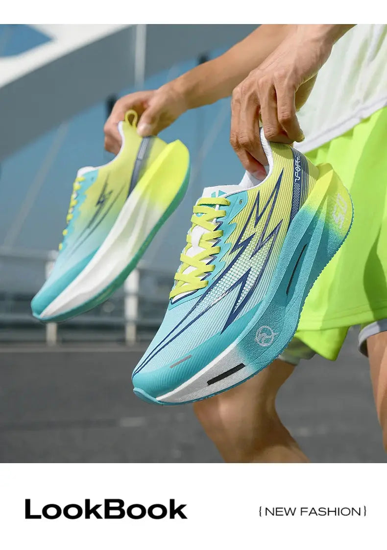 Pair of breathable blue and teal men's running shoes with neon yellow laces and air-cushion sole