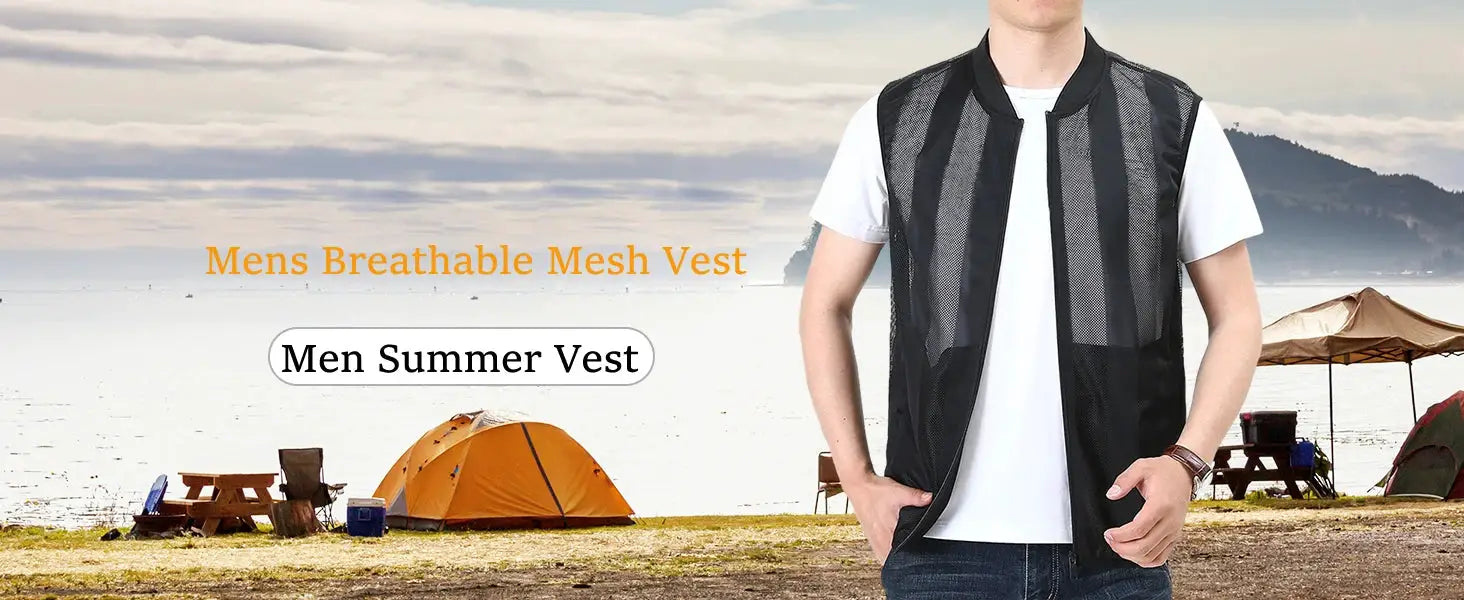 Men's black mesh breathable vest worn outdoors at a beach campsite