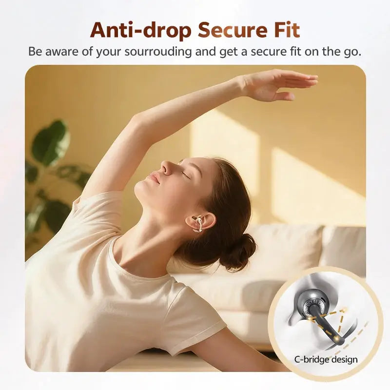 QCY Crossky C50 open-ear clip-on wireless earbuds with C-bridge design for secure fit, 4-mic AI clear call