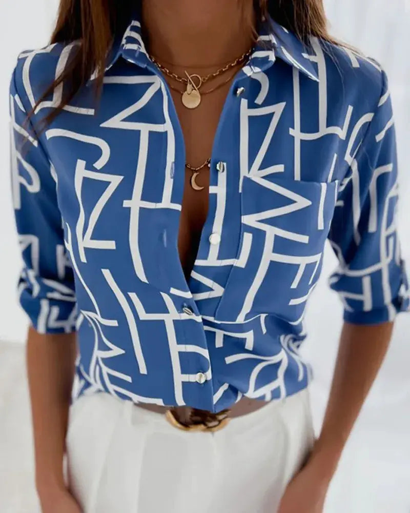 Blue long-sleeve blouse with stripe print and chest pocket, Simples Market.