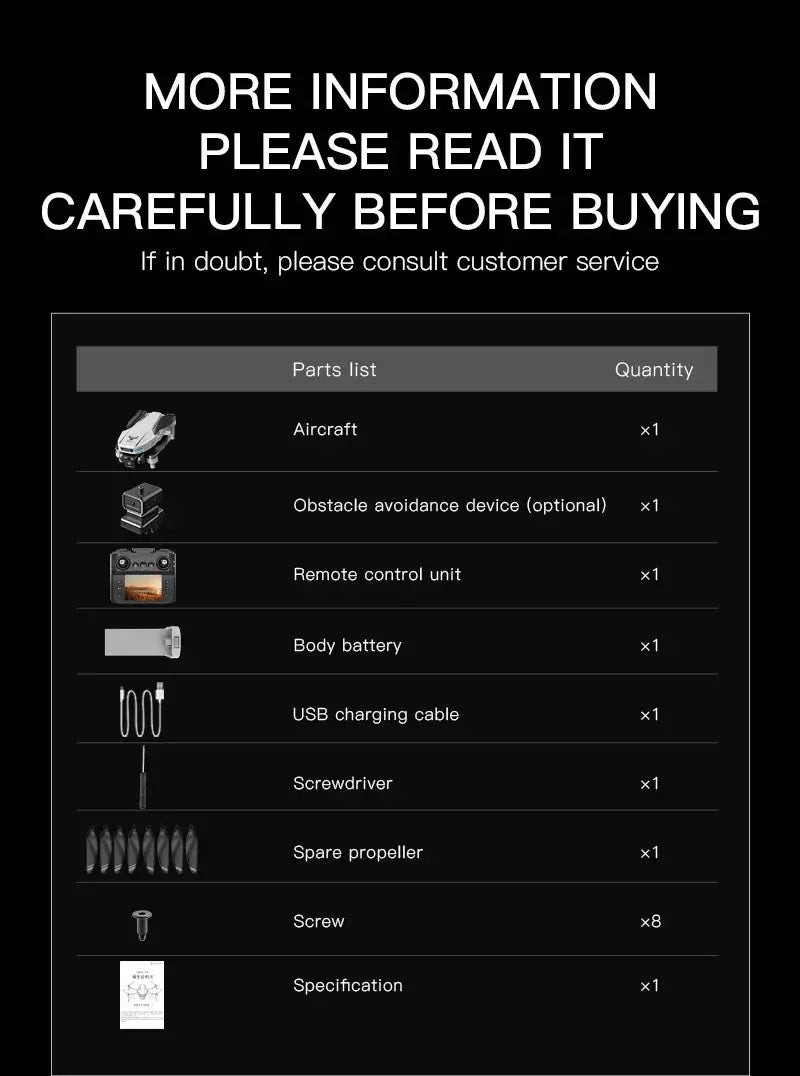Drone parts list showing aircraft, remote control unit, body battery, USB charging cable, spare propeller, Screw x8.