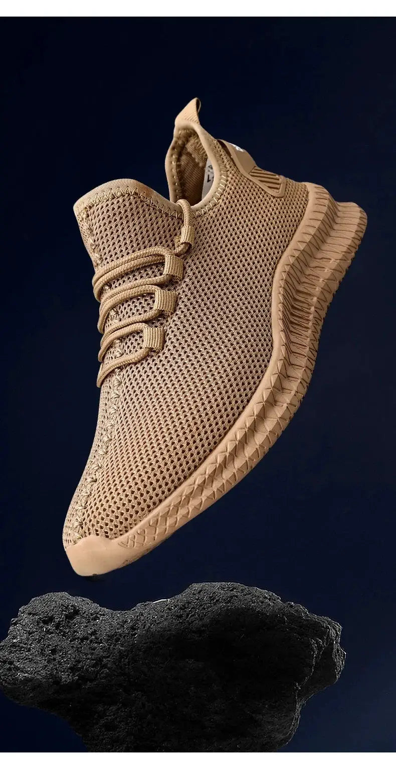 Men's beige knit lace-up sneakers with breathable mesh and non-slip outsole.
